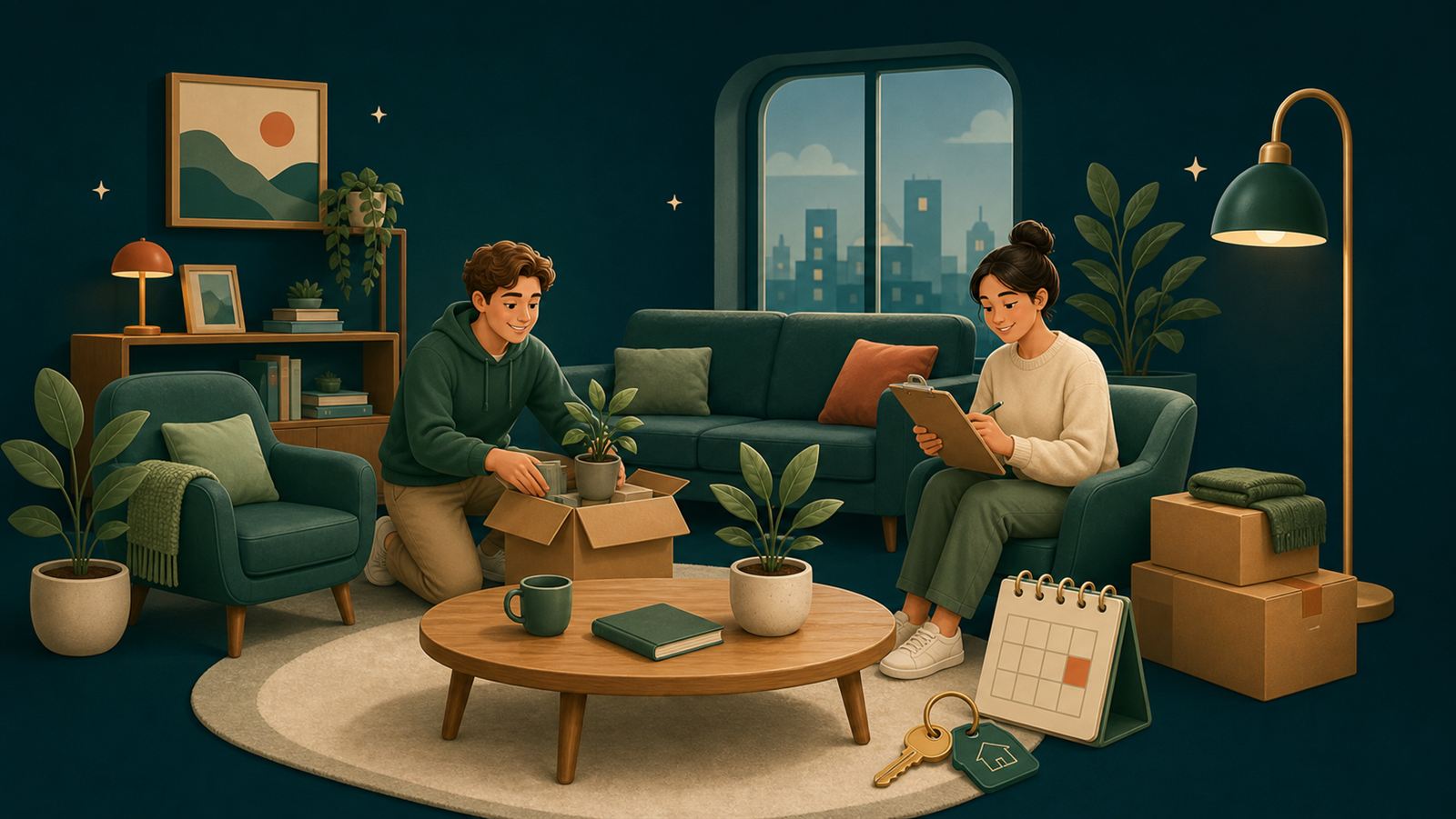 Two housemates settling into a shared living room, one unpacking a box, the other making notes.